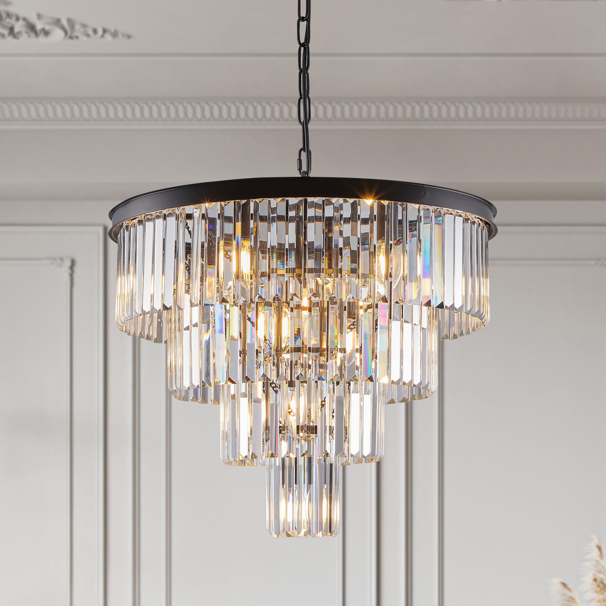 4-Tier K9 Crystal Chandelier, Black Iron Frame, 24 In. Wide