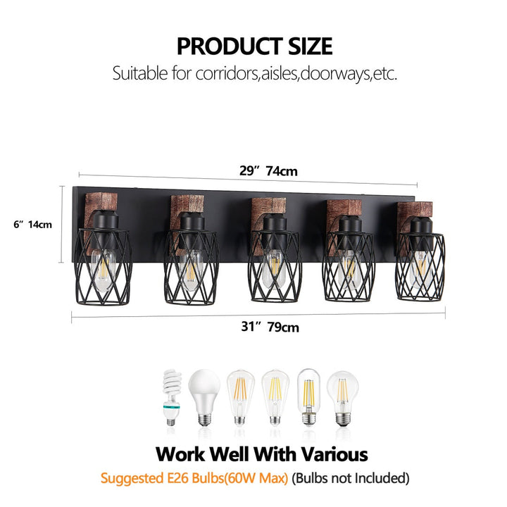 Dimension diagram for Industrial 5-Light Wall Sconce, Black Wire Cage with Wood Accents, 31 in. for Hallway