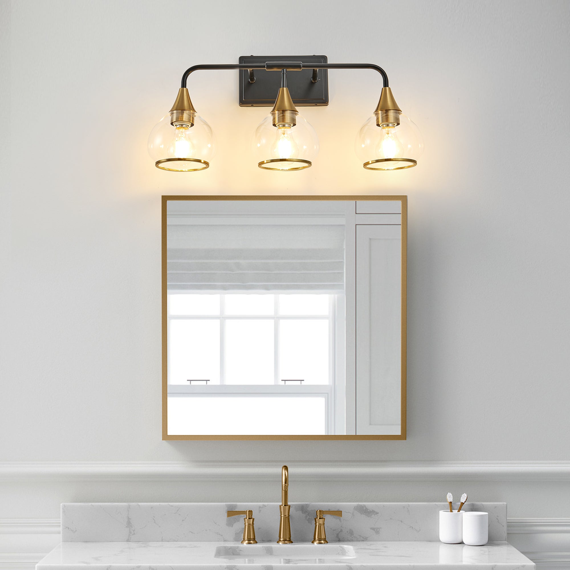 23in Modern 3-Light Vanity Wall Sconce - Black And Gold Bathroom Light