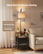 Industrial Metal Floor Lamp with End Table, Built-In Charging, Storage Shelf, Black Finish