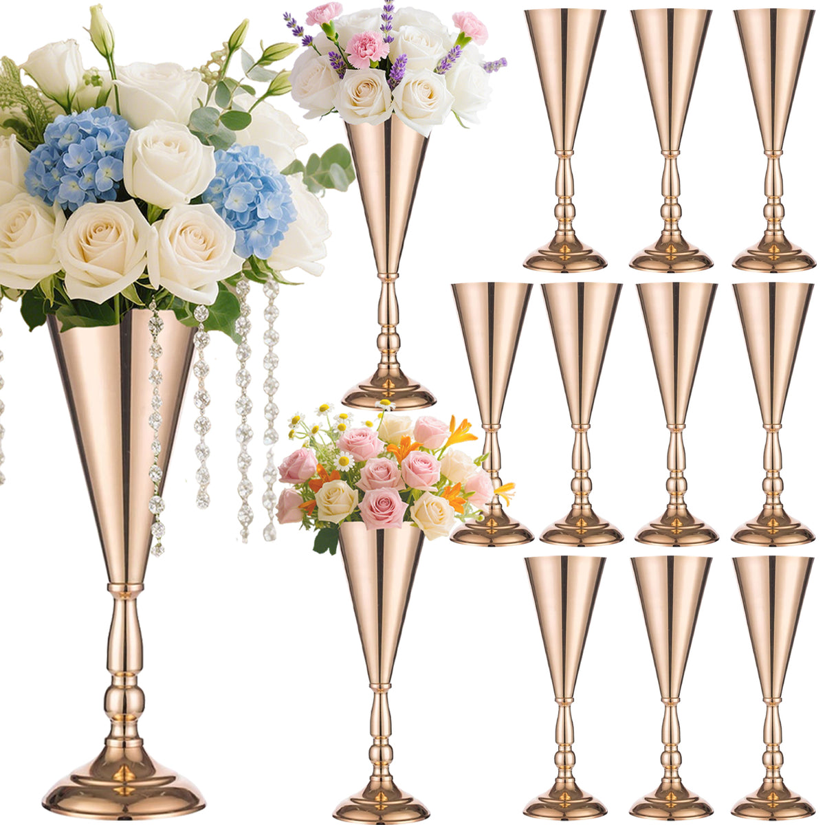 Gold Metal Trumpet Flower Vase, Wedding Centerpiece, Set of 10 for Dining Table — detail view 2