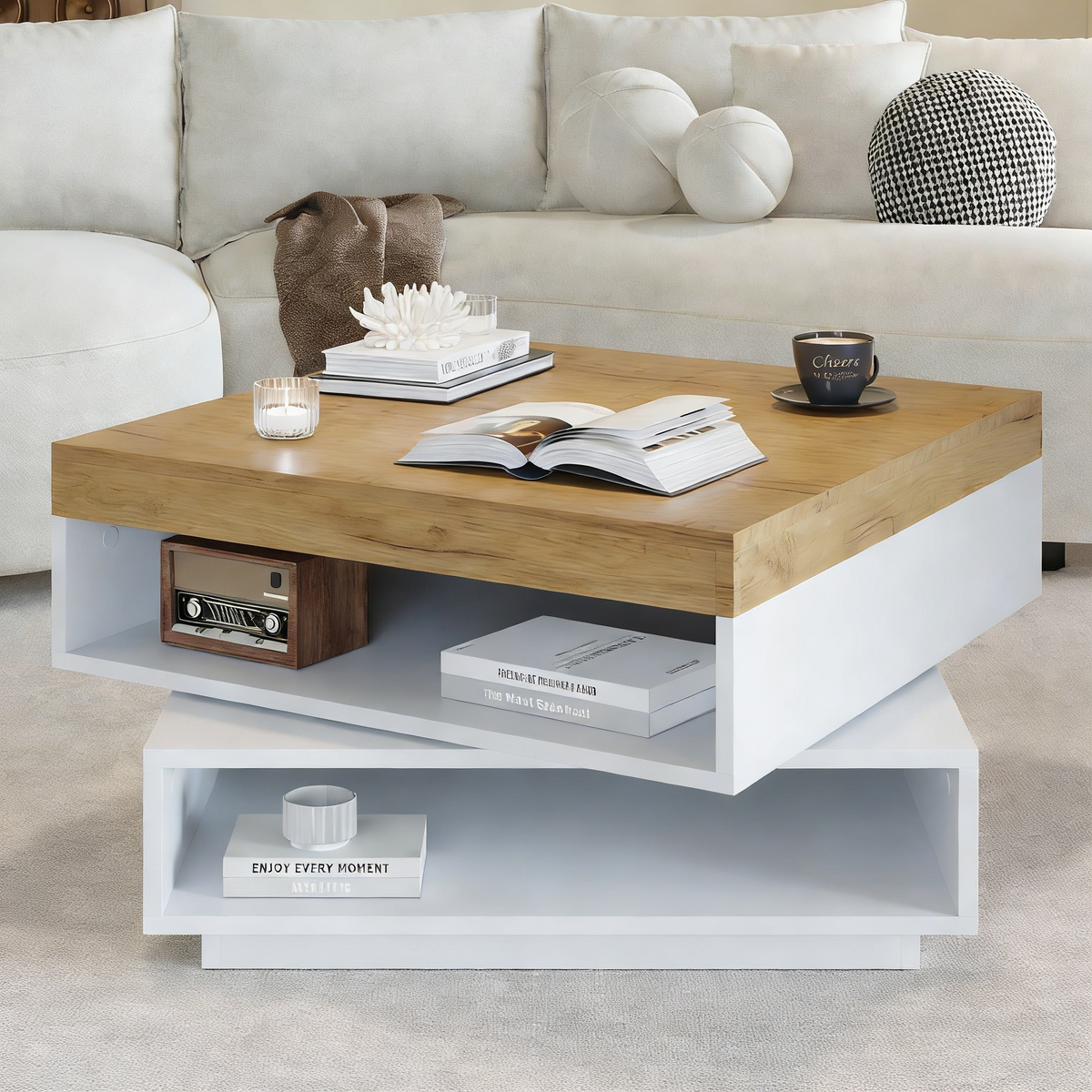 Square Swivel LED Coffee Table with Storage, White and Wood