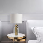 Brass and Glass Cloche Table Lamp, White Drum Shade