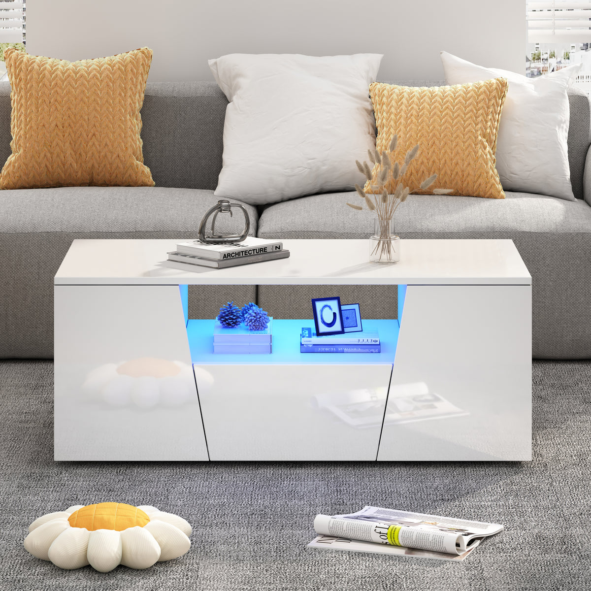 High-Gloss LED Coffee Table with Storage Cabinets, White