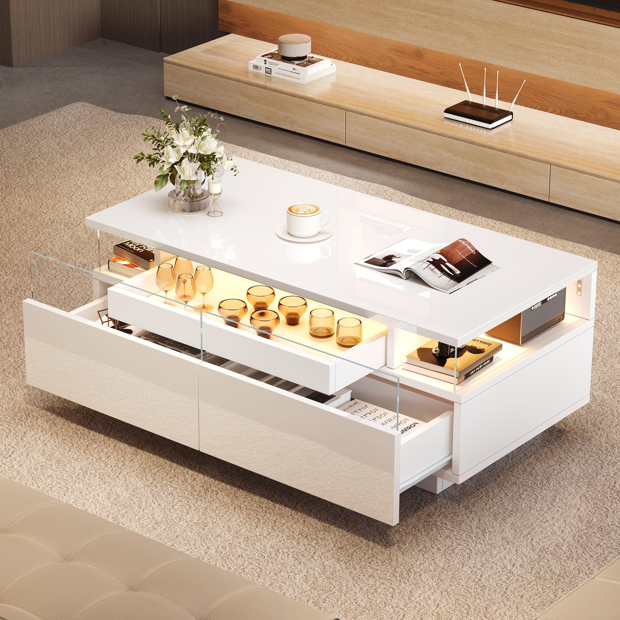 High-Gloss LED Coffee Table with Serving Tray, White