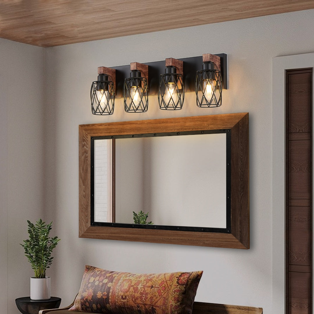 Industrial 4-Light Wall Sconce, Black Wire Cage with Wood Accents, 24 in. for Hallway — detail view