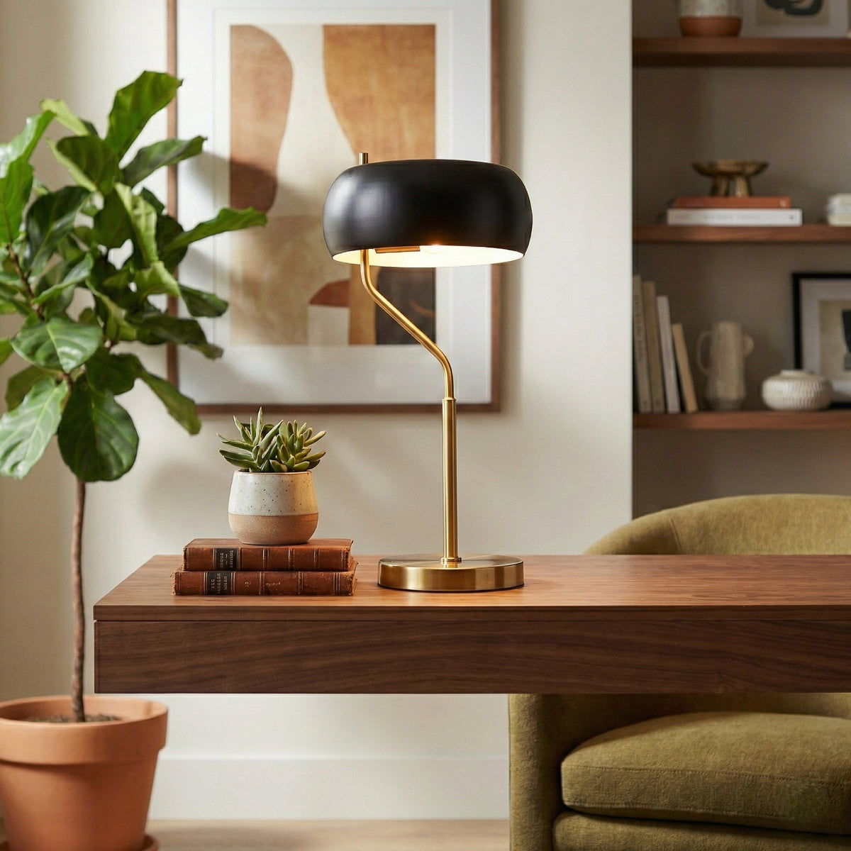 Small Minimalist Wooden Dimmable Table Lamp, Gold Accent — detail view 3