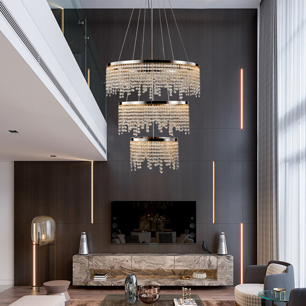 24 In. Round Crystal LED Chandelier, Chrome, Adjustable Color Temp