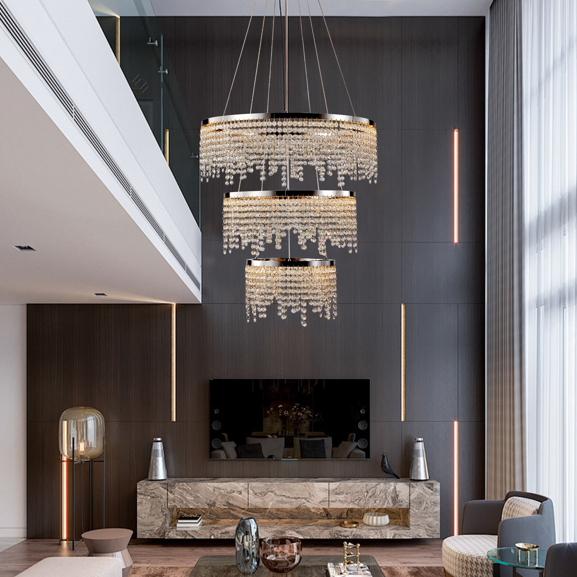 24 In. Round Crystal LED Chandelier, Chrome, Adjustable Color Temp