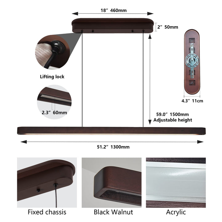 Dimension diagram for Walnut Wood LED Pendant Light, Linear 51 Inch, Dimmable