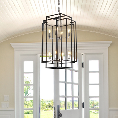 8-Lantern Tiered Iron Chandelier, Industrial Farmhouse, 18 in