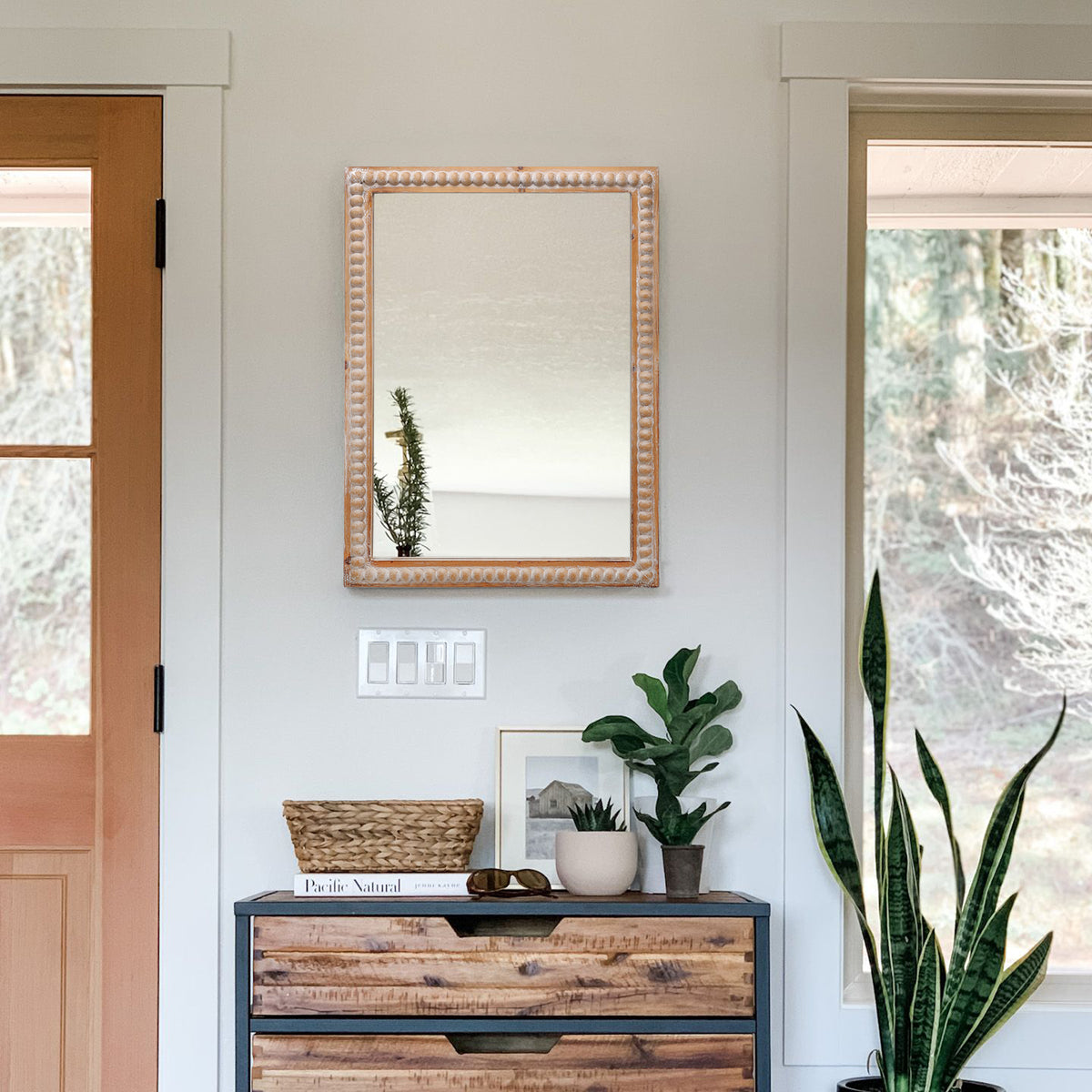 Farmhouse Wood Framed Rectangle Wall Mirror, Antique Natural, 22x30 in., for Bathroom Vanity — detail view 4