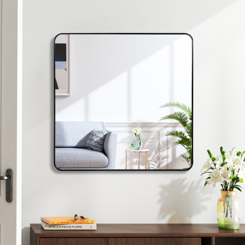 Square Metal Framed Wall Mirror, Black Frame, 30x30 in., for Bathroom Vanity — detail view