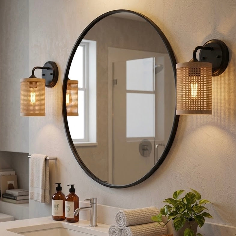 Rustic Rattan Wall Sconce, Woven Wicker Shade, Black, 1-Light for Bedroom — detail view