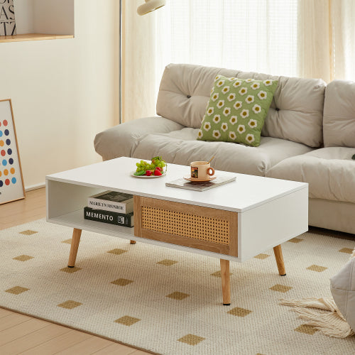 Rattan Coffee Table with Sliding Storage Door, 41 in