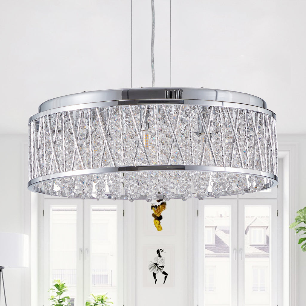 Silver Clear Crystal Chandelier, Aluminum & Iron Round Ceiling Light, 19 in.