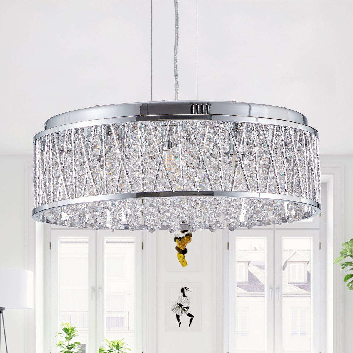 Silver Clear Crystal Chandelier, Aluminum & Iron Round Ceiling Light, 19 in. — detail view