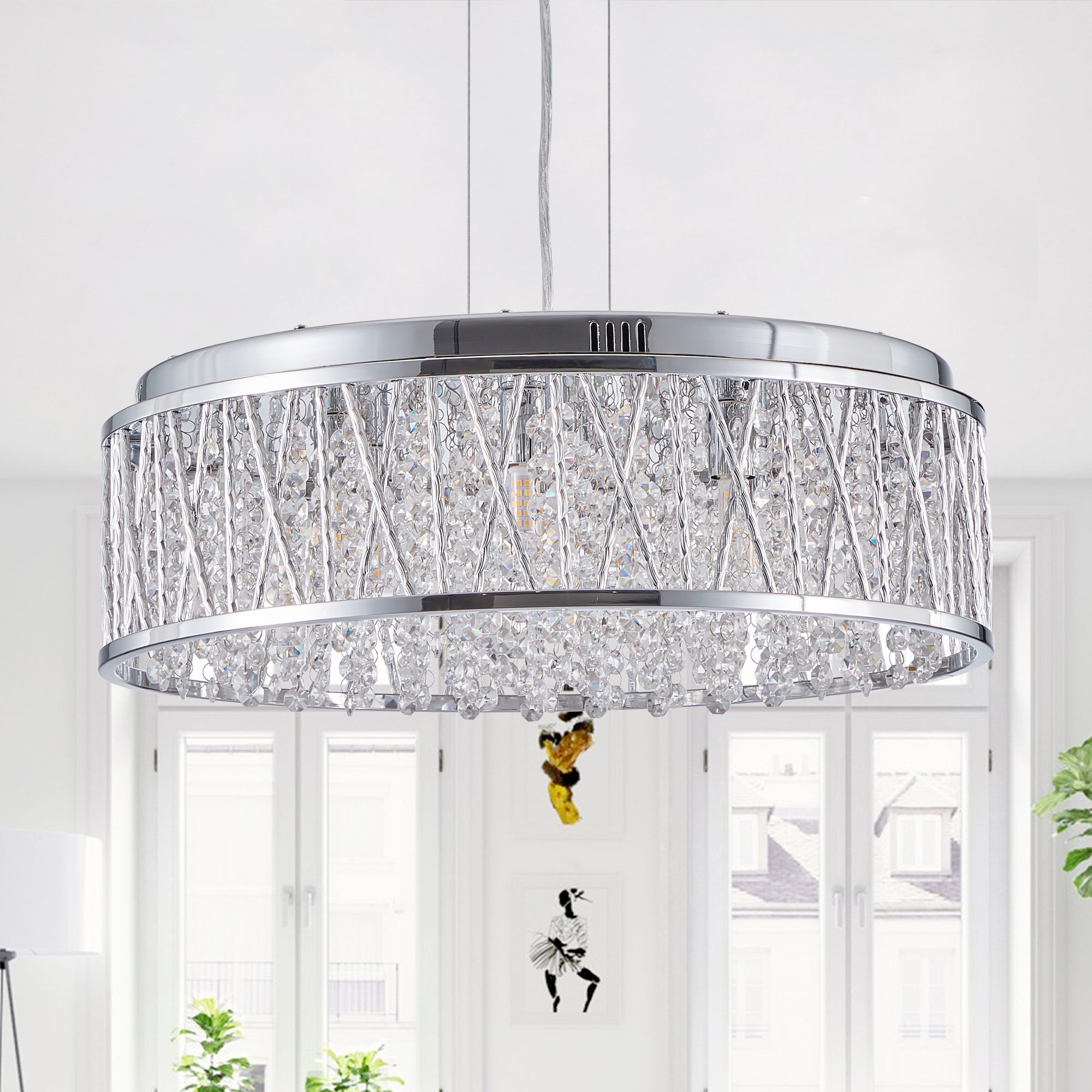 Silver Clear Crystal Chandelier, Aluminum & Iron Round Ceiling Light, 19 in.