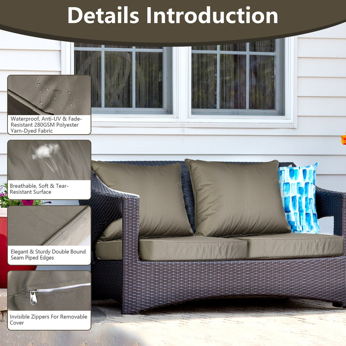 Waterproof Outdoor Seat Cushion Set, Patio Furniture Cushions with Back Pillow, for Garden Bench — detail view 2