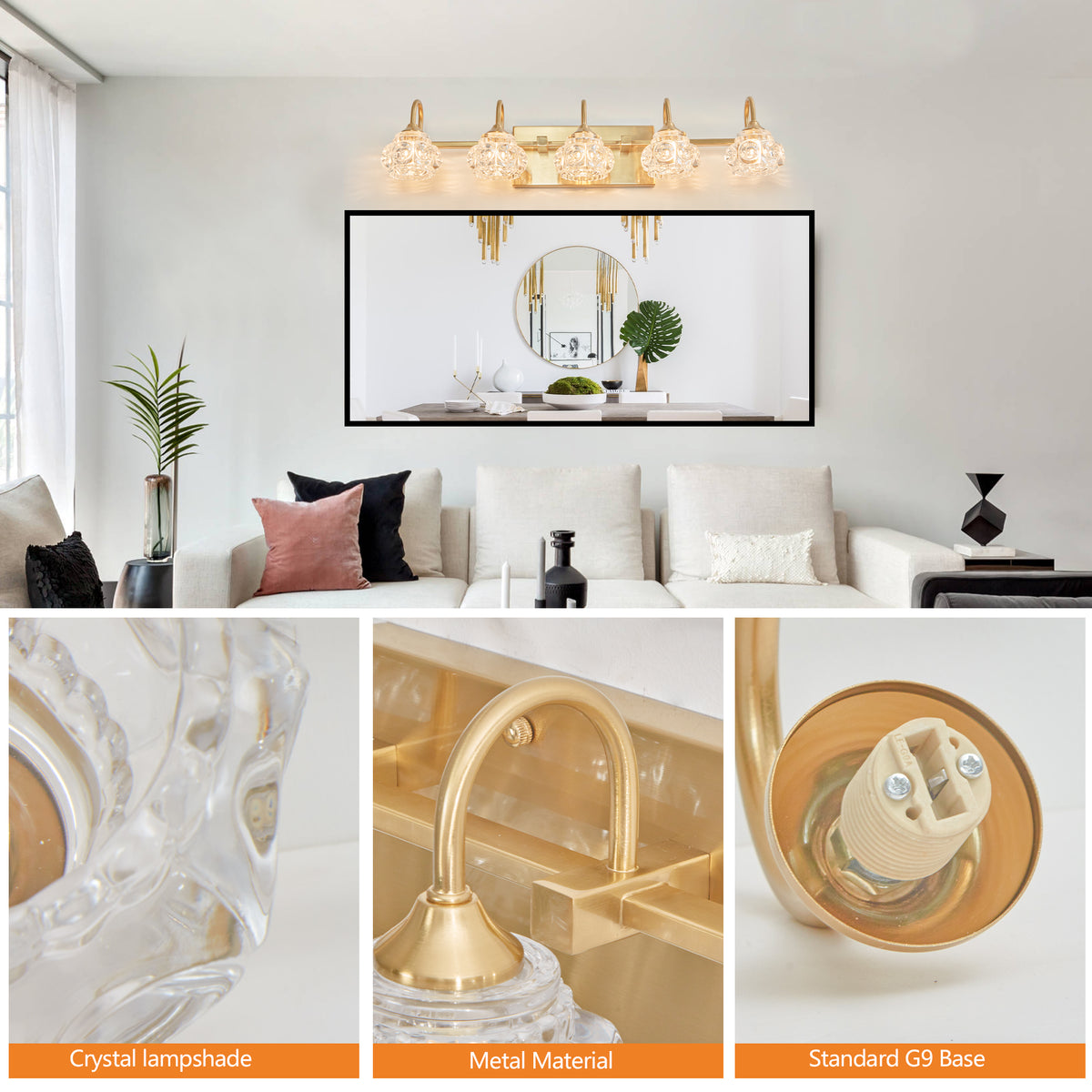 Modern Crystal Bathroom Vanity Light, Clear Crystal Glass Shades, Gold, 29 in., for Bathroom — detail view 2