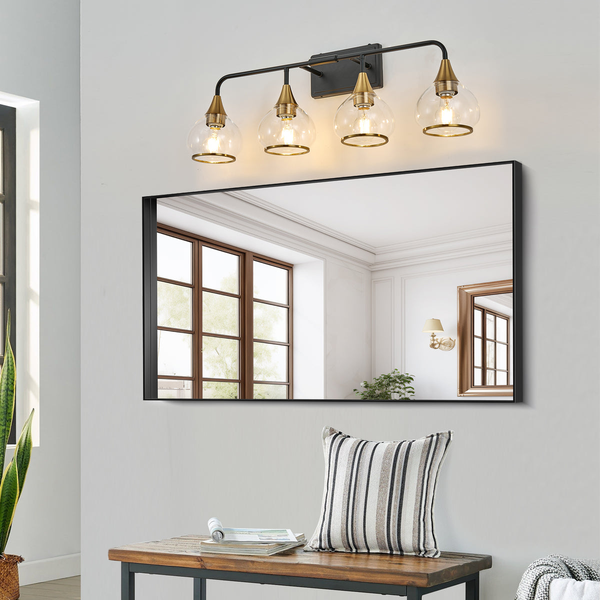 Modern 4-Light Vanity Wall Sconce, Brass Holders and Black Metal Frame, 31 in., for Bathroom — detail view 2