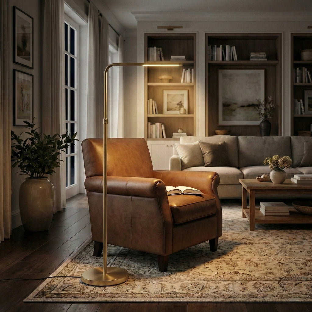 Brass Gold LED Floor Lamp, Adjustable Light, Round Metal Base