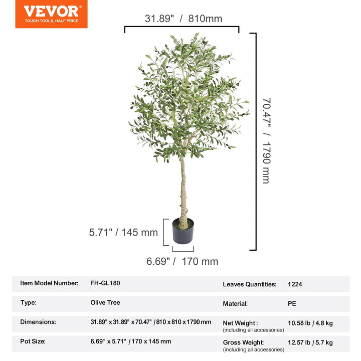 Dimension diagram for Artificial Olive Tree, Faux Potted Greenery Plant, Green, 5 or 6 ft Tall