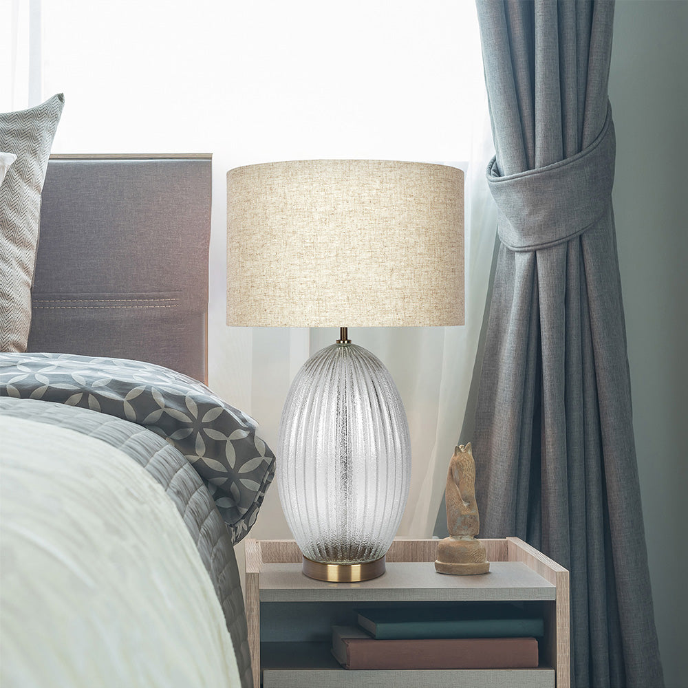 Ribbed Glass Table Lamp with Large Linen Shade, Clear and Gold Finish — detail view 3