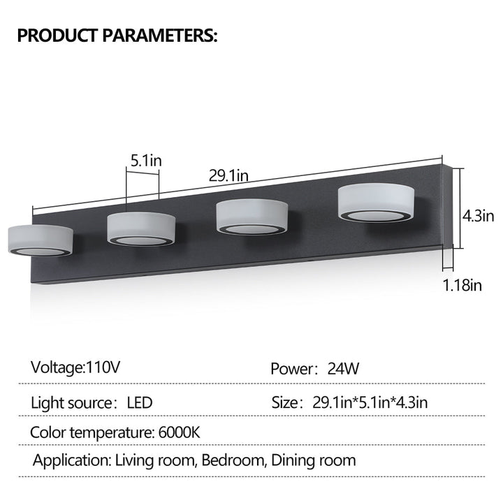 Dimension diagram for Modern 4-Light LED Vanity Light, Dimmable Acrylic Bar, 29 in., for Bathroom Mirror