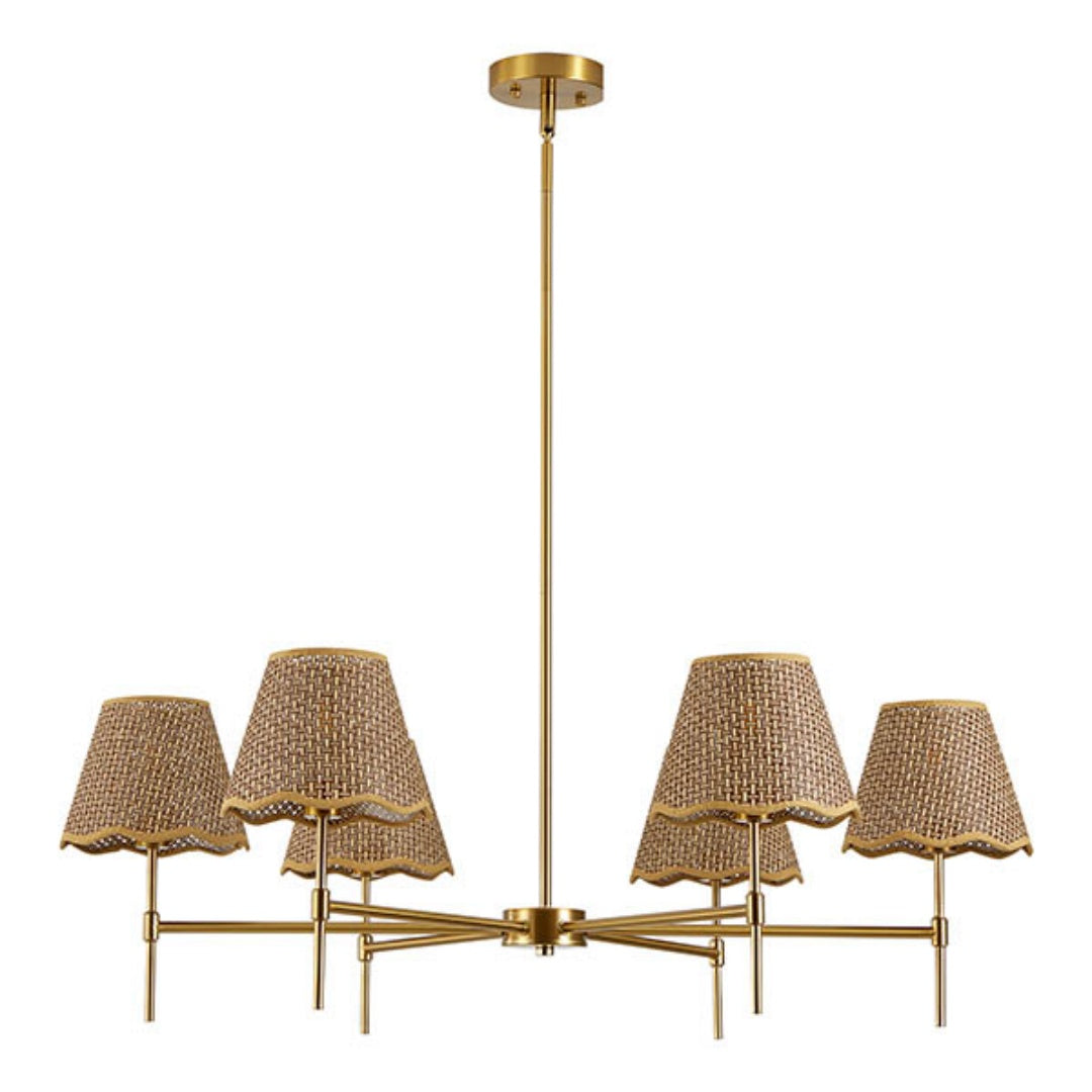 Boho Rattan 6-Light Chandelier, Woven Shade, Brass-Finished Rod, Large — detail view 4