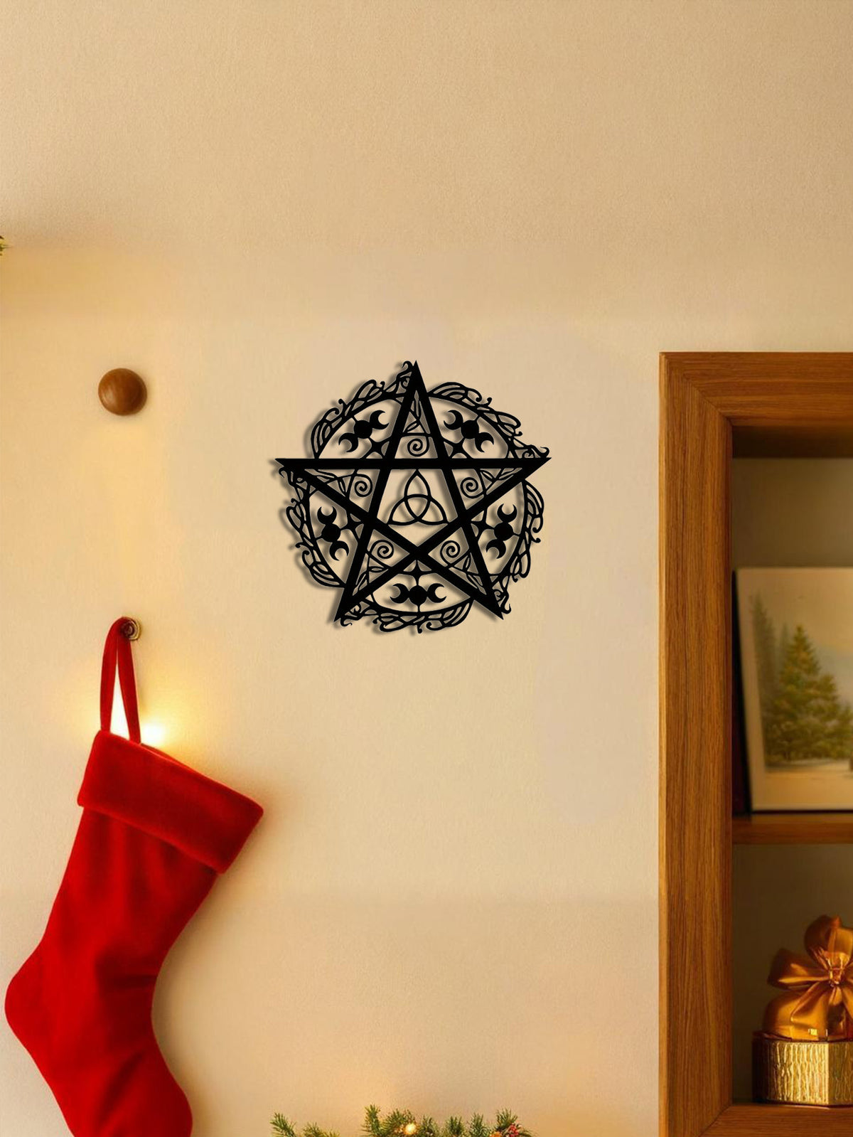 Triple Moon Pentagram Iron Wall Art, Celestial Metal Sculpture, for Living Room Wall