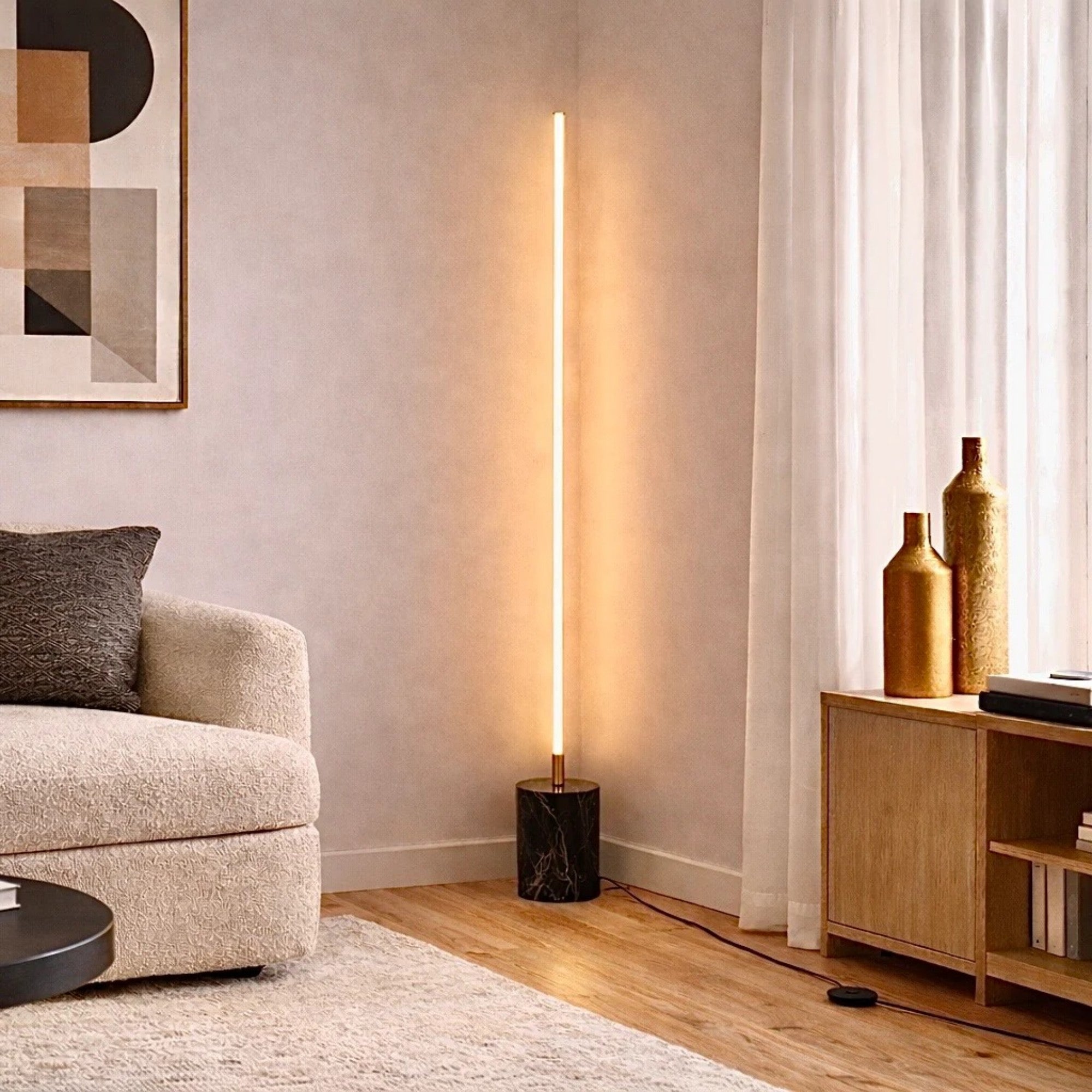 Modern Brass LED Floor Lamp, Faux Marble Base, Gold Finish, On/Off Switch