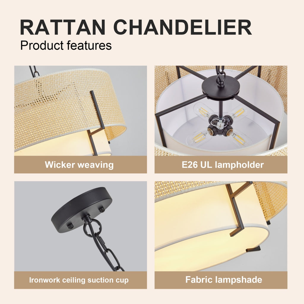 Farmhouse Boho Rattan Chandelier, Woven Texture, Fabric Shade, 19.7 in.