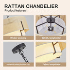 Farmhouse Boho Rattan Chandelier, Woven Texture, Fabric Shade, 19.7 in.