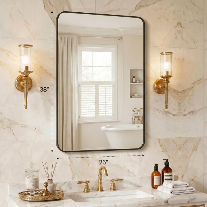 Dimension diagram for Rectangular Metal Frame Wall Mirror, Thin Border, Black or Gold, Multiple Sizes for Bathroom