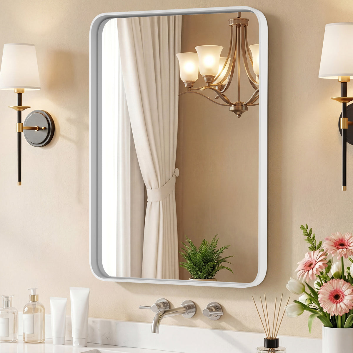 Rectangular Framed Bathroom Mirror, Anti-Fog Glass, Wood, Silver and White, 22x30 and 24x36 in. — detail view