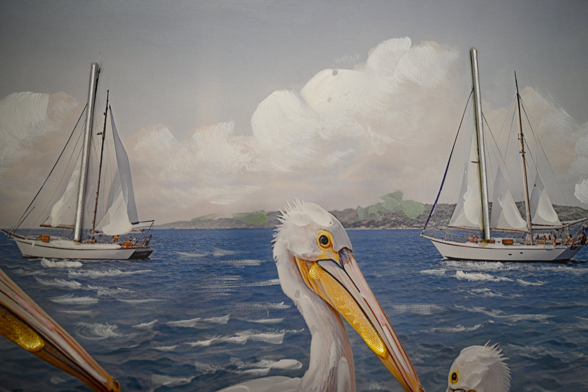 Coastal Beach Canvas Wall Art, Large Blue Ocean Seagull Print, Ivory and Navy, for Living Room — detail view