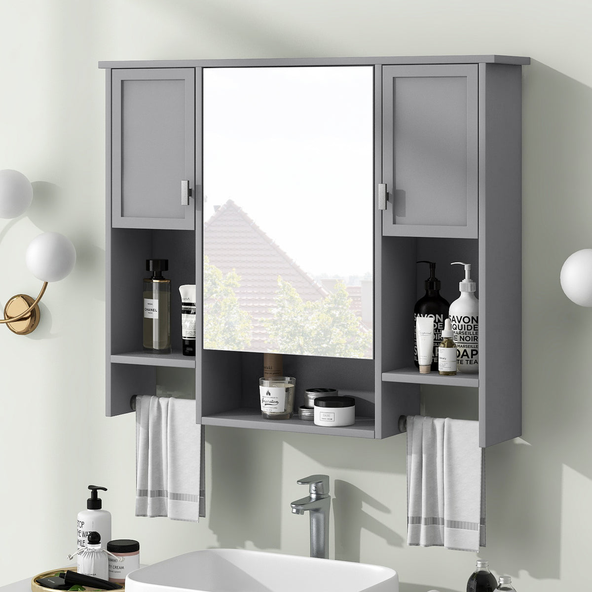 Modern Wall-Mounted Bathroom Medicine Cabinet with Mirror, Grey Storage Cabinet, 35 x 28 in. — detail view 4