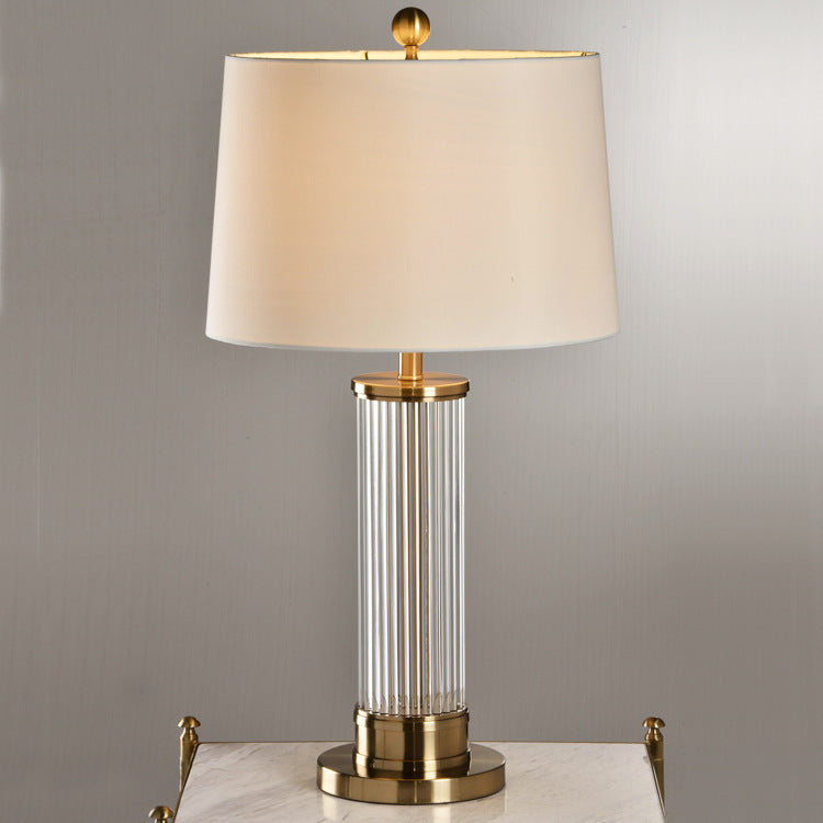 Fluted Glass Column Table Lamp, Brass Base, Tapered Shade