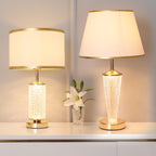 Textured Glass Table Lamp with Lit Base, Gold Trim Shade