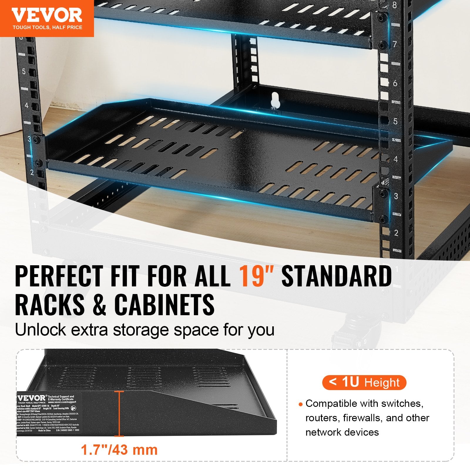 VEVOR 2PCS 1U Server Rack Shelf Depth Vented Rack Mount Shelf Tray