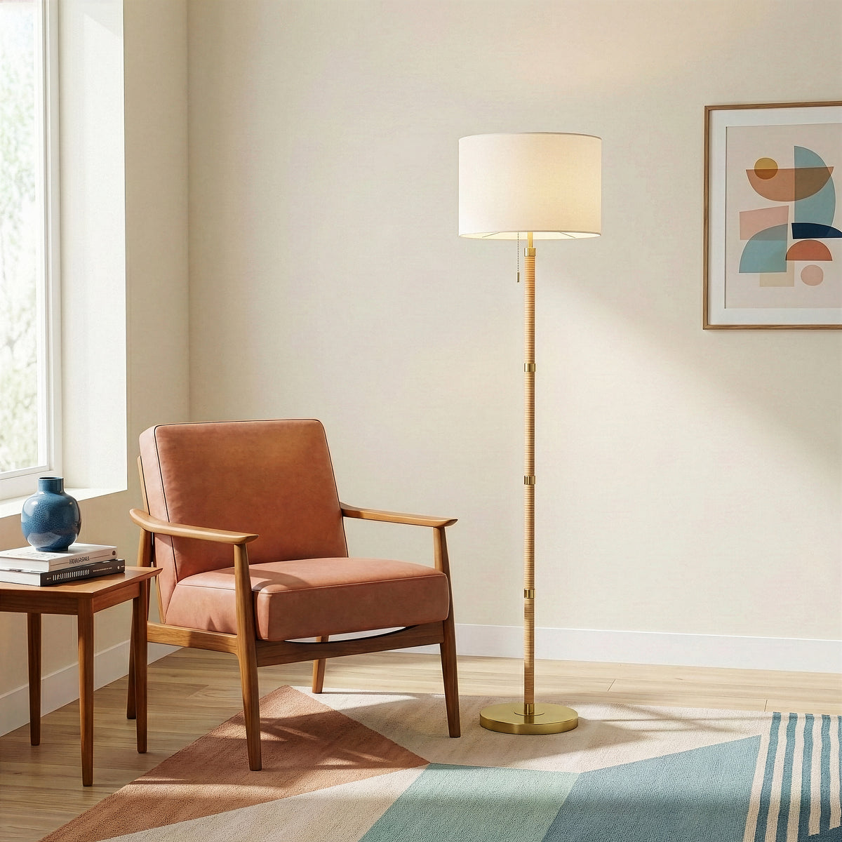 Brass Metal Tube Floor Lamp, Rattan Details, White Linen Shade, Gold Finish — detail view 3