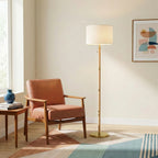 Brass Metal Tube Floor Lamp, Rattan Details, White Linen Shade, Gold Finish