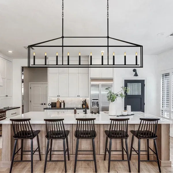 Farmhouse Rectangular 10-Light Linear Chandelier, Matte Black Finish — detail view 4