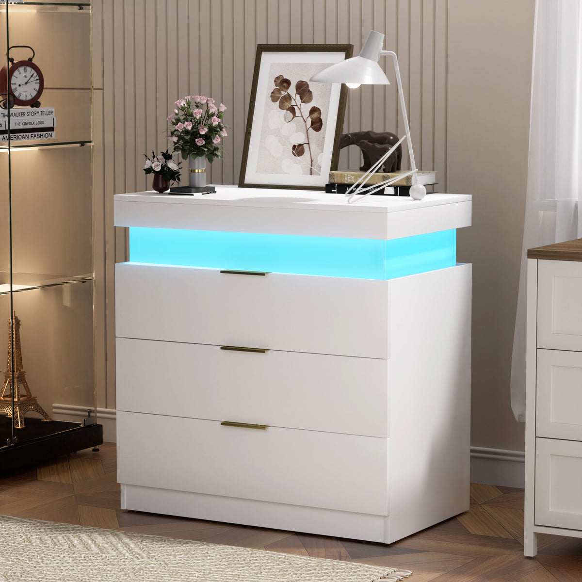 LED Nightstand with Charging Station and Sliding Top, White
