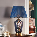 Enamel Ceramic Table Lamp, Floral Relief, Pleated Shade