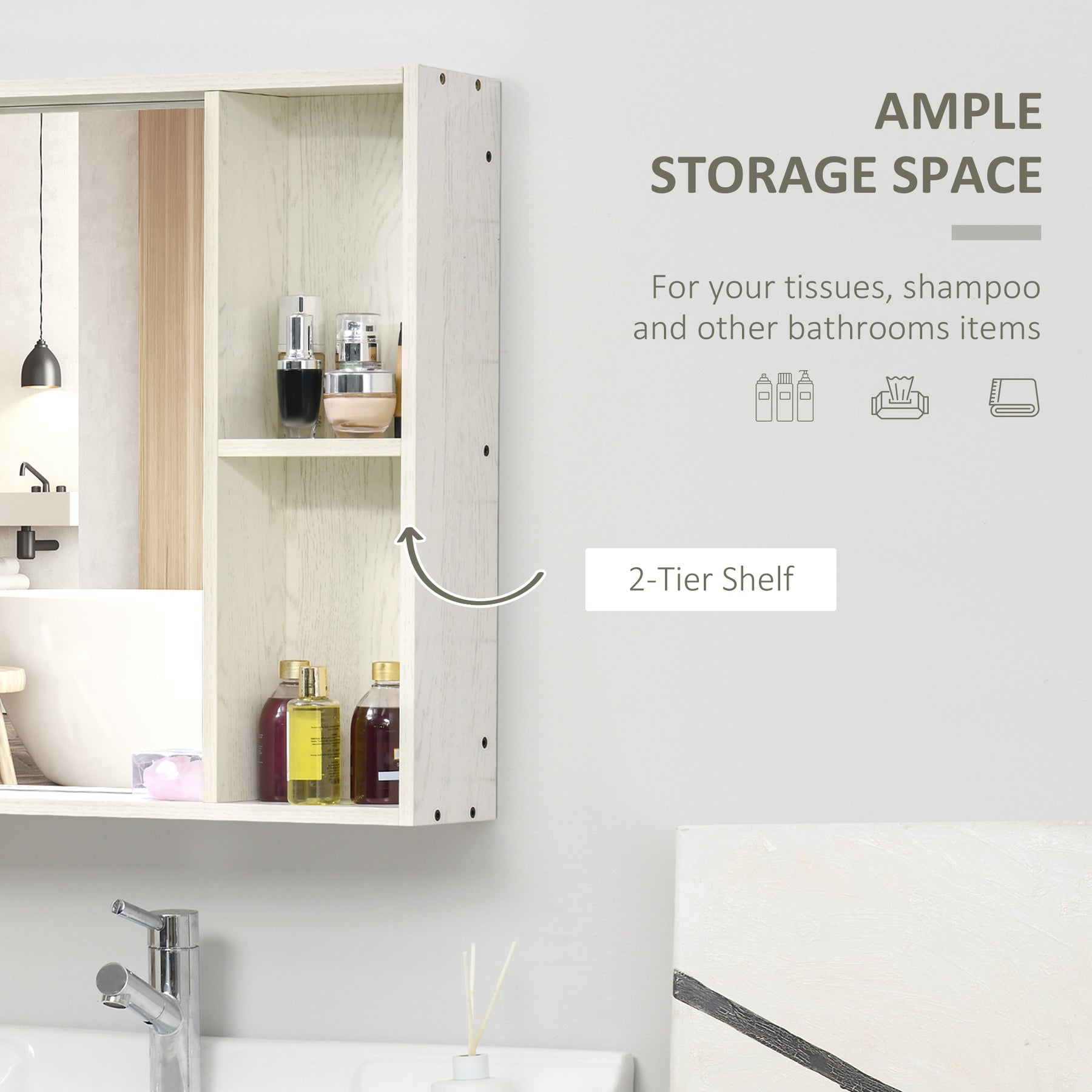 Bathroom Medicine Cabinet with Mirror Door, Wall-Mounted Storage, White, 24.75 x 25.5 in. — detail view