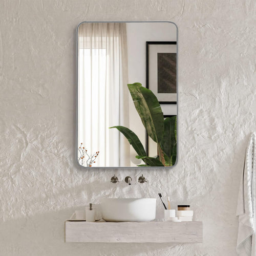 22x30 Inch Silver Metal Framed Rectangular Bathrrom Mirror For Wall.
