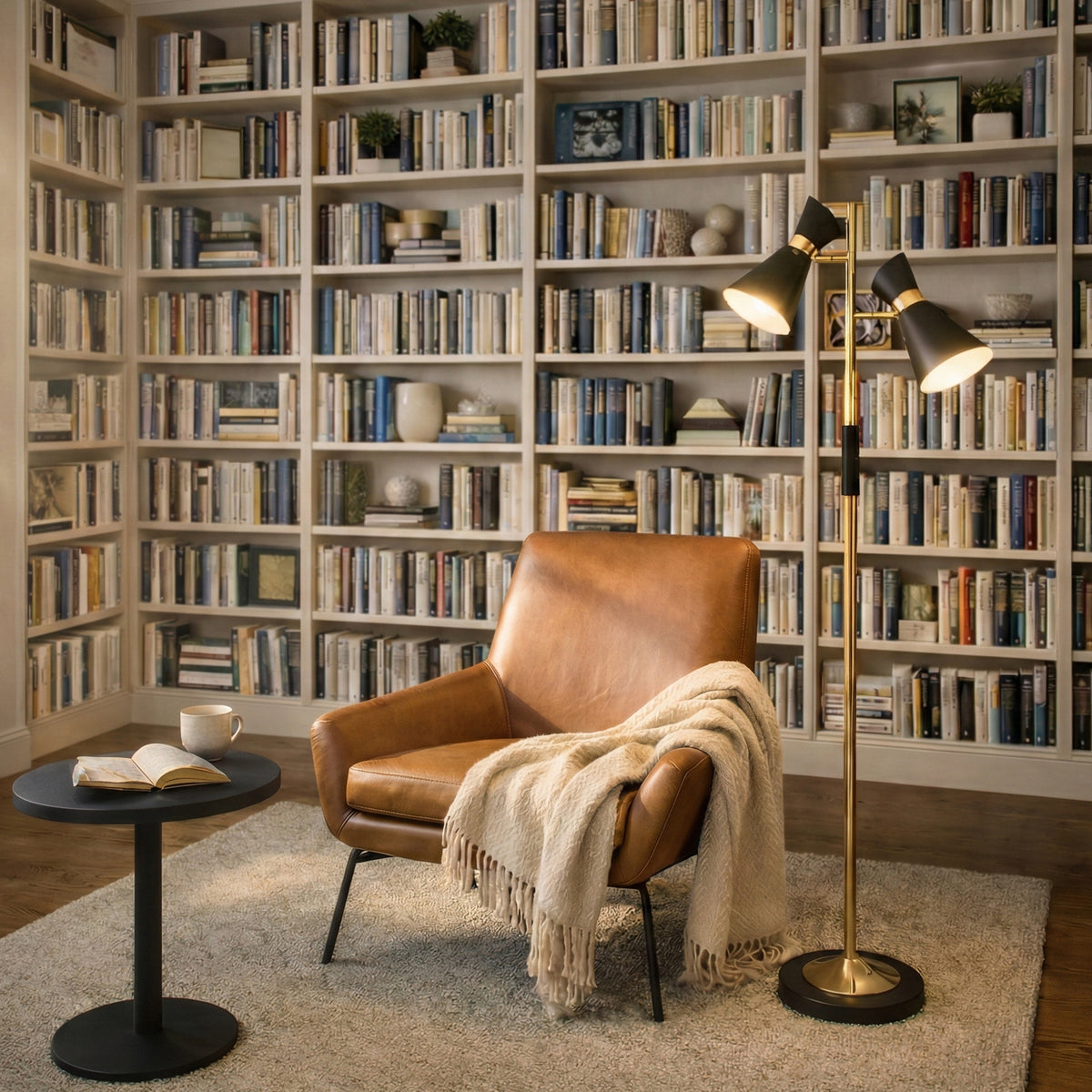 Brass Gold Floor Lamp, 4-Way Switch, Double Spotlights, Metal Base, Black & Gold Finish — detail view 4