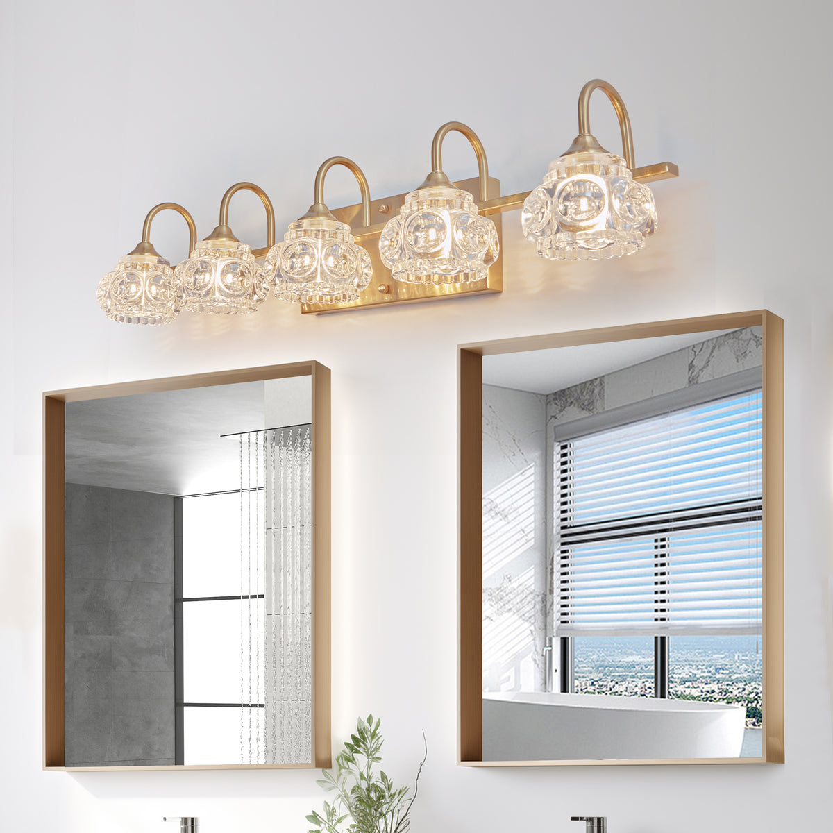 Modern Crystal Bathroom Vanity Light, Clear Crystal Glass Shades, Gold, 29 in., for Bathroom — detail view
